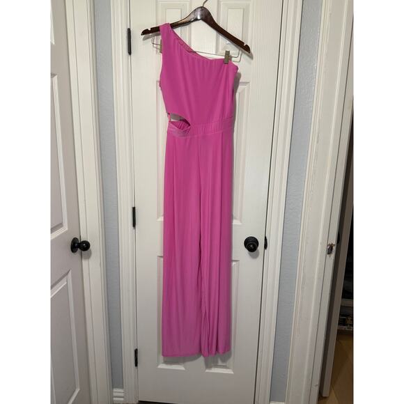 21 Saints Pants - 21 Saints One Shoulder Jumpsuit M Hot Pink Y2K Cutout Wide Leg Glam